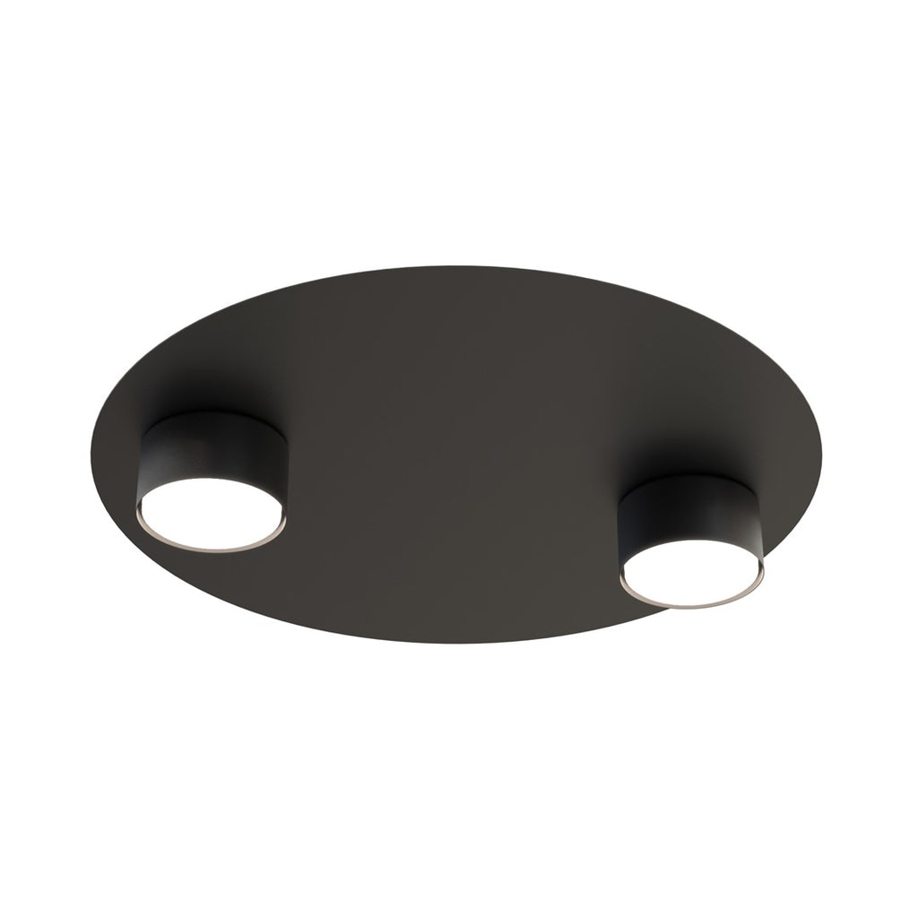 Zwarte ronde plafondlamp met twee cilindrische lichtpunten op een platte plafondplaat