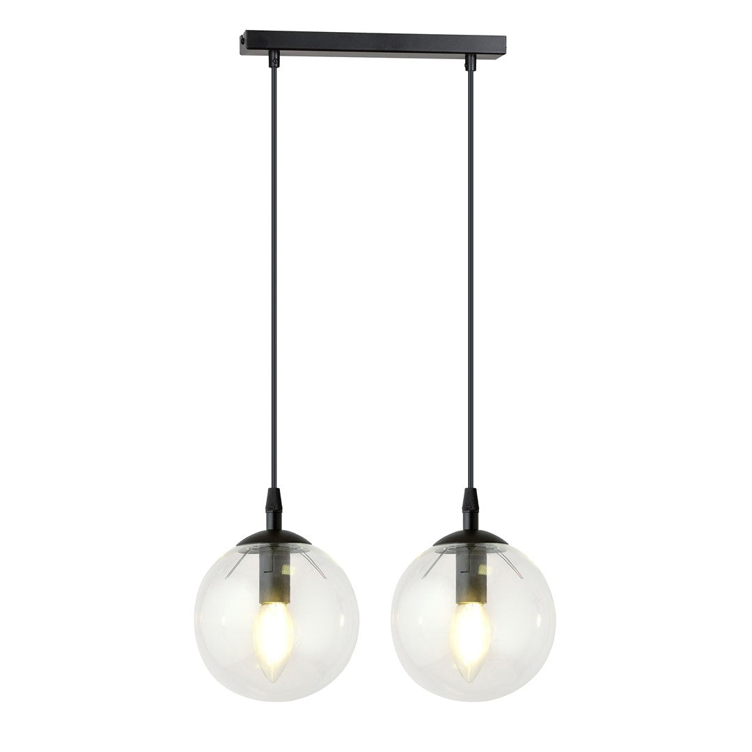 Zwarte hanglamp met twee transparante glazen bolkappen en lichtbron, opgehangen aan een smalle plafondbalk
