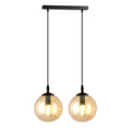 Zwarte hanglamp met twee ronde amberkleurige glazen kappen aan een rechthoekige zwarte luifel
