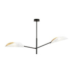 Zwarte plafondlamp met twee bladvormige witte kappen met goudaccent aan een stalen frame