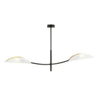 Zwarte plafondlamp met twee bladvormige witte kappen met gouden accenten aan een gebogen arm
