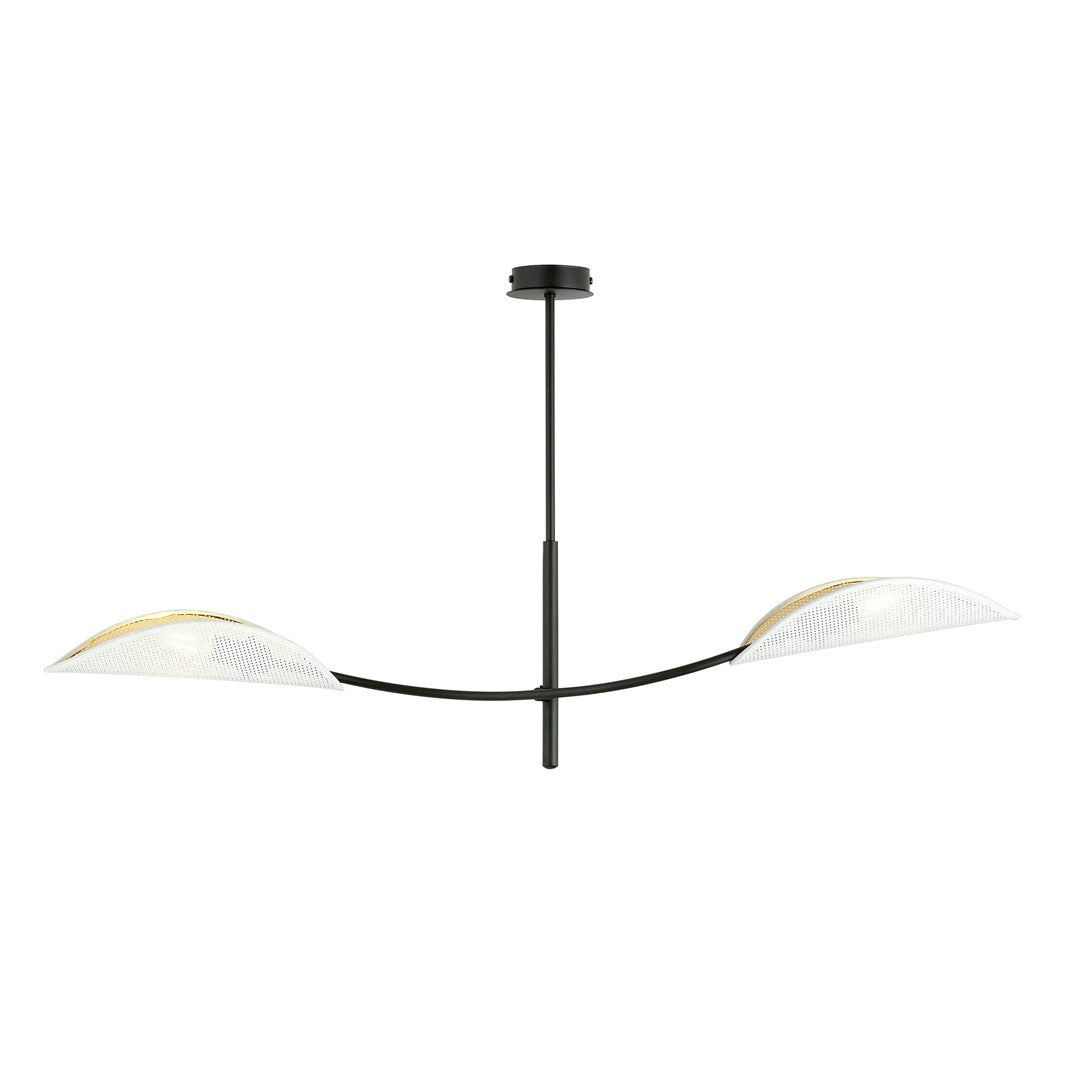 Zwarte plafondlamp met twee bladvormige witte kappen met gouden accenten aan een gebogen arm