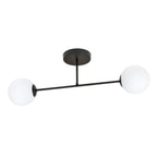 Zwarte plafondlamp met horizontale stang en twee ronde witte kappen aan een ronde plafondplaat