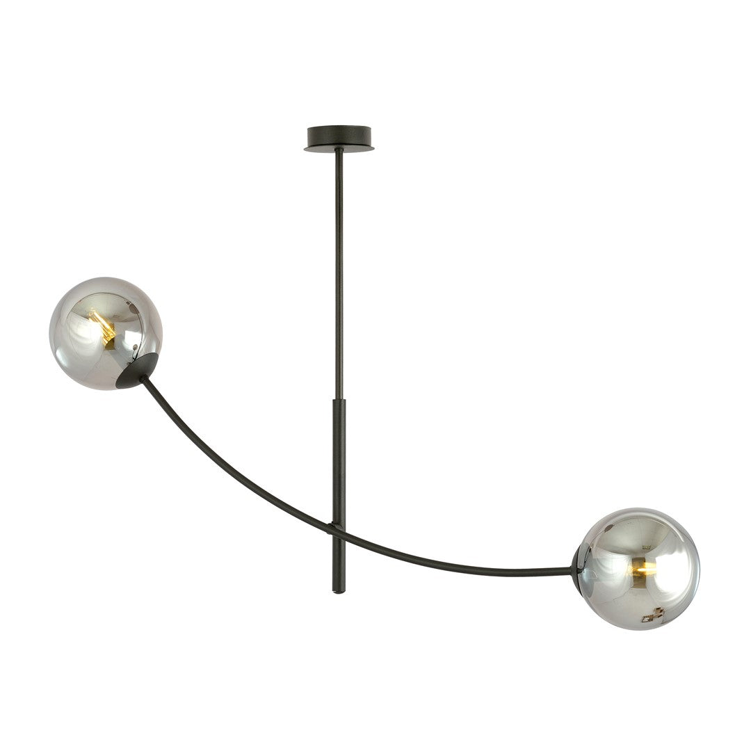 Zwarte plafondlamp met gebogen arm en twee ronde grafietkleurige glazen kappen