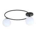 Zwarte plafondlamp met open metalen ring en twee ronde witte glazen kappen