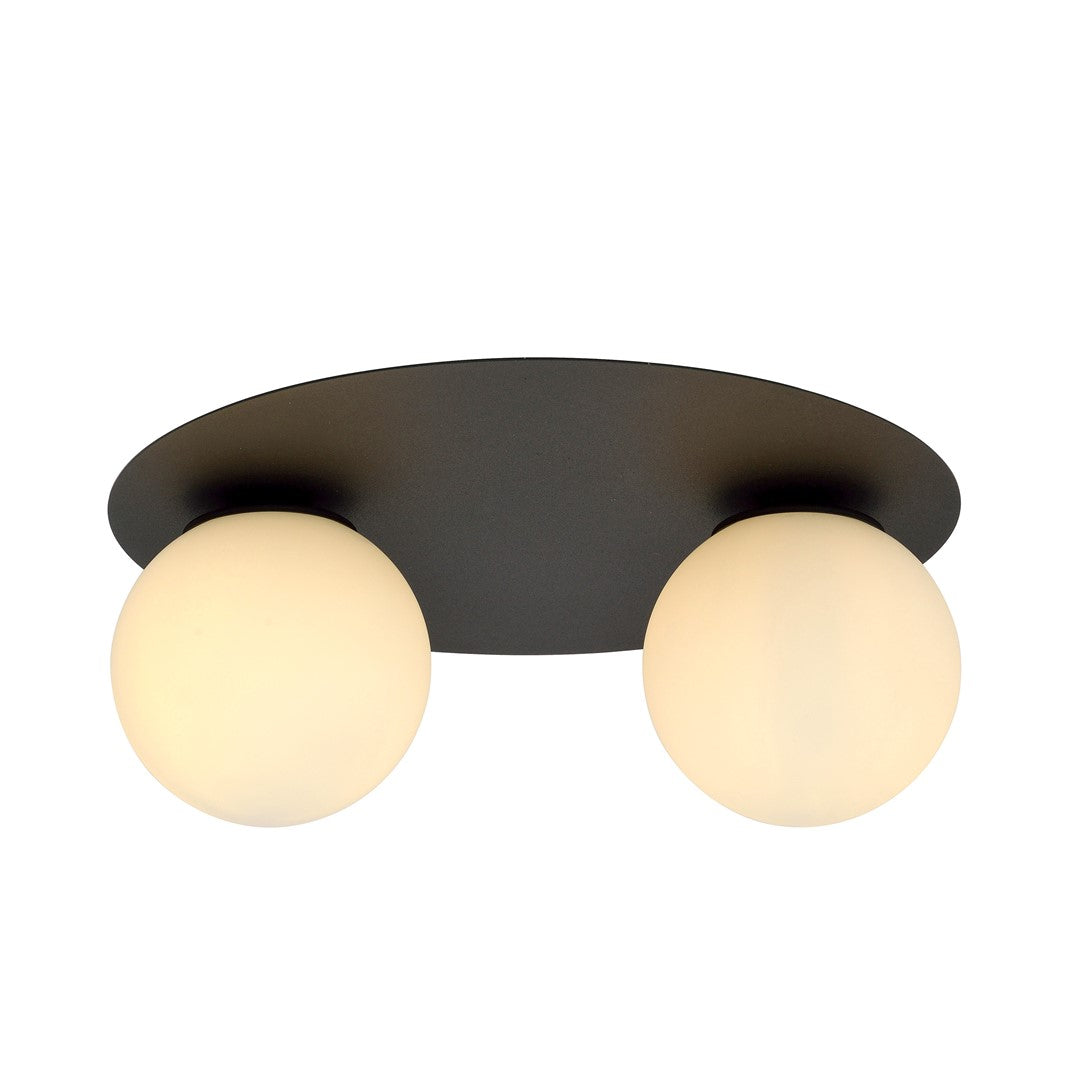 Zwarte ovale plafondlamp met twee ronde witte glazen kappen