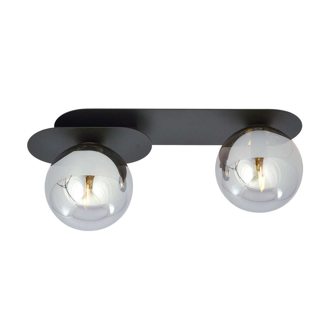 Zwarte plafondlamp met twee ronde grafiet glazen kappen op een ovale stalen opbouwplaat