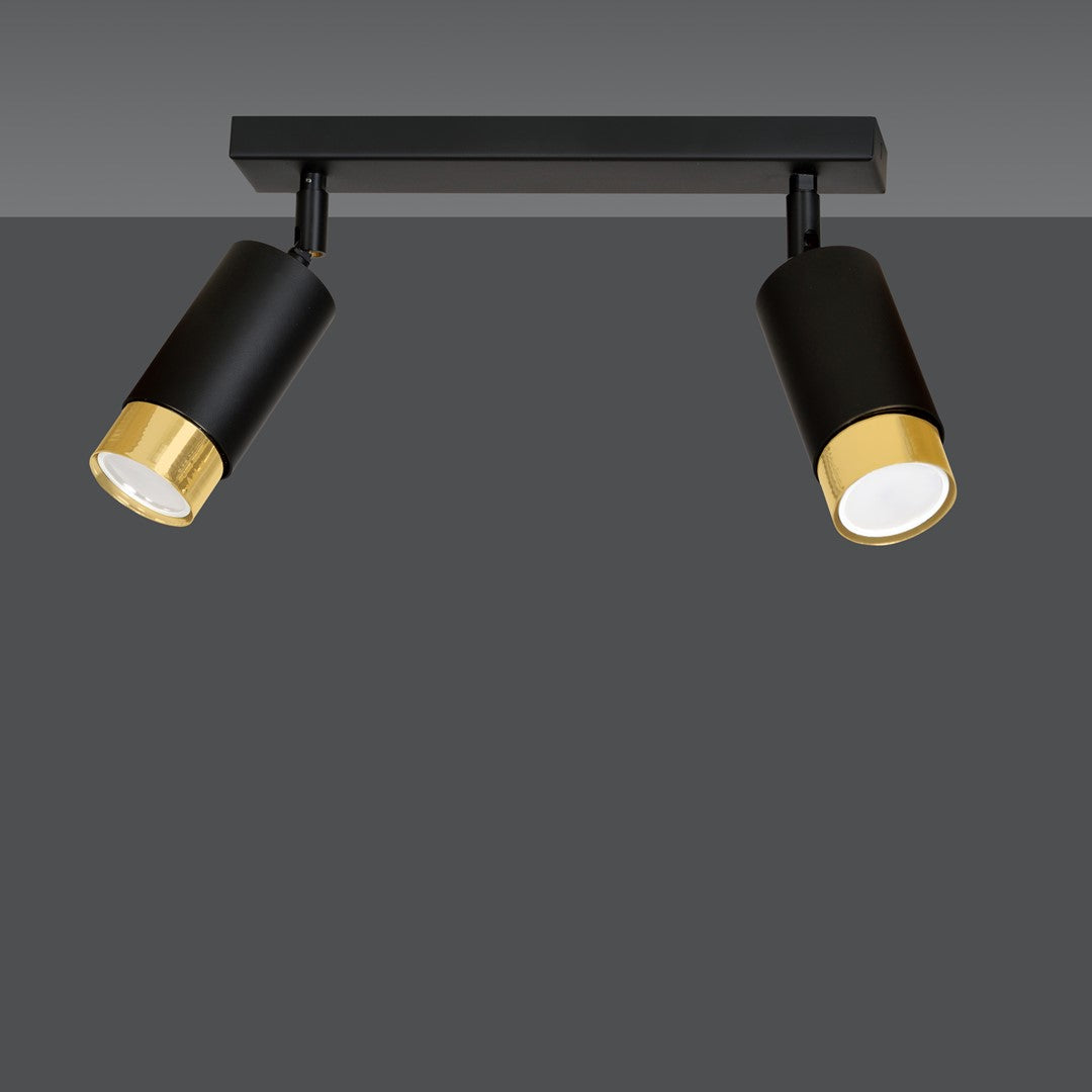 Plafondlamp gepoedercoat staal modern Hiro zwart met goud, 2 richtbare spots, 30 cm breed