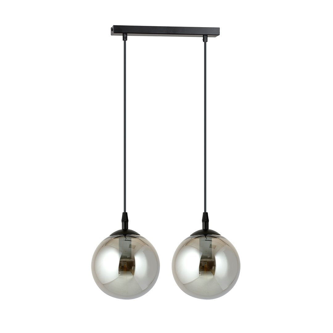 Hanglamp 2-lichts gepoedercoat staal en glas, Cosmo modern, zwart met grafiet glazen kappen Ø 14 cm
