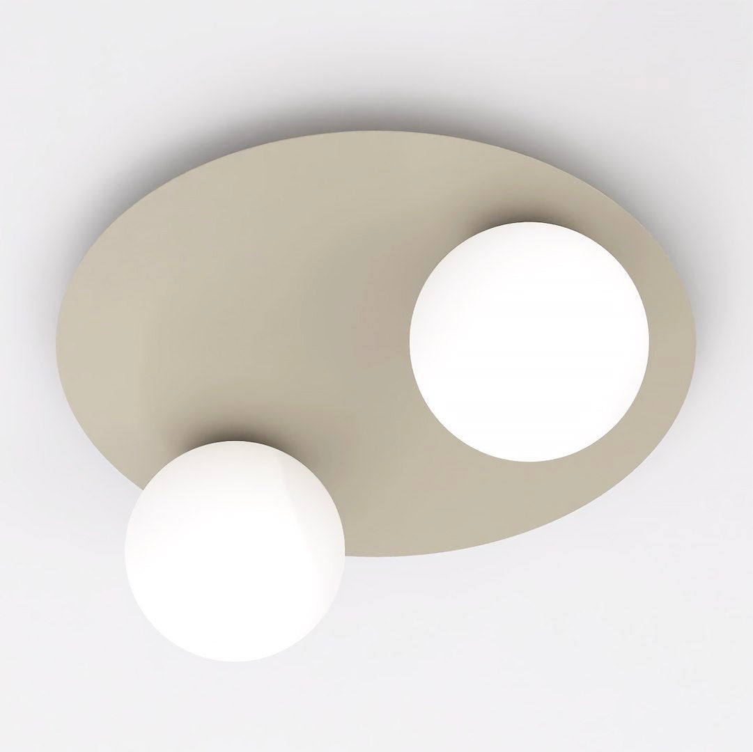Plafondlamp gepoedercoat staal modern beige, 2 witte glazen bollen, breedte 43 cm, voor woonkamer en slaapkamer