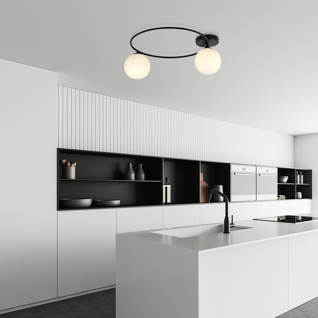 Plafondlamp Sopra 2 gepoedercoat staal en glas, minimalistisch, zwart met witte glazen kappen, 47 x 20 cm