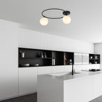 Plafondlamp Sopra 2 gepoedercoat staal en glas, minimalistisch, zwart met witte glazen kappen, 47 x 20 cm