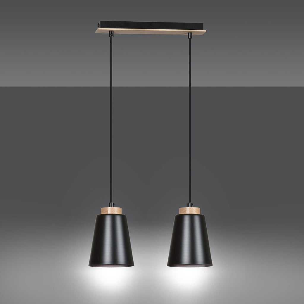 Hanglamp gepoedercoat staal en hout Bolero, zwart, 2 lichts, Scandinavisch, 40 x 100 cm, woonkamer