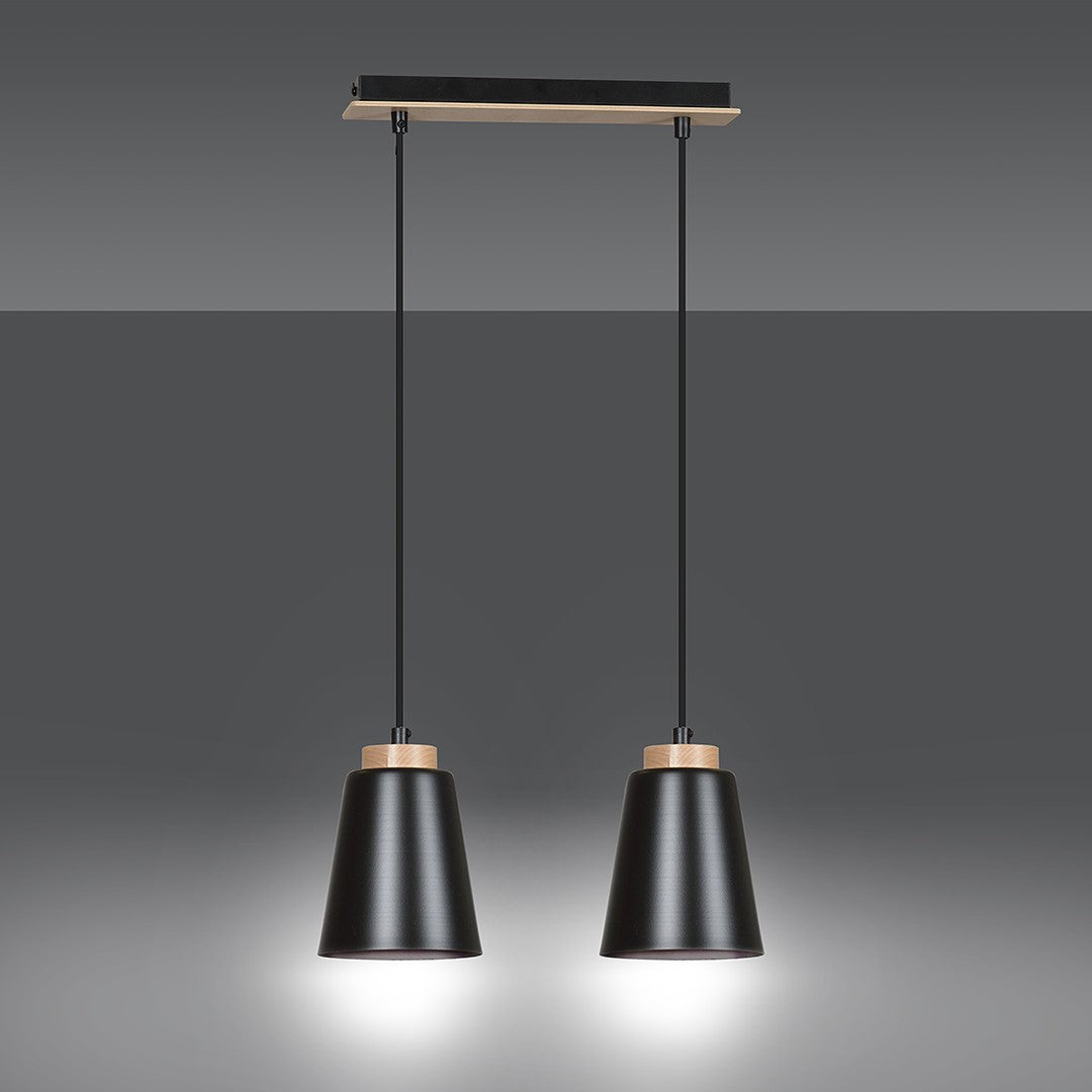 Hanglamp gepoedercoat staal en hout Bolero, zwart, 2 lichts, Scandinavisch, 40 x 100 cm, woonkamer