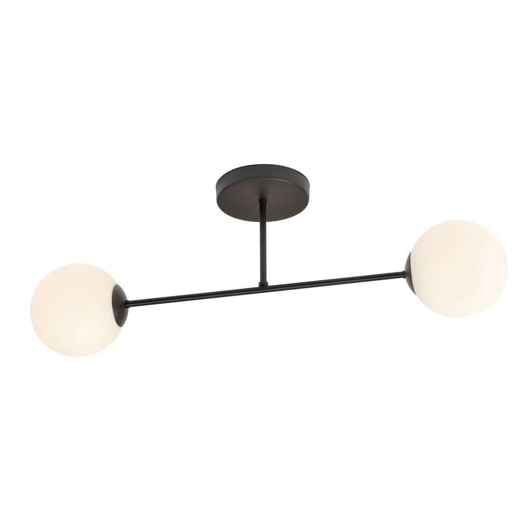 Plafondlamp gepoedercoat staal en glas, Roma modern, zwart met witte kap, 55 cm breed, 2 fittingen E14