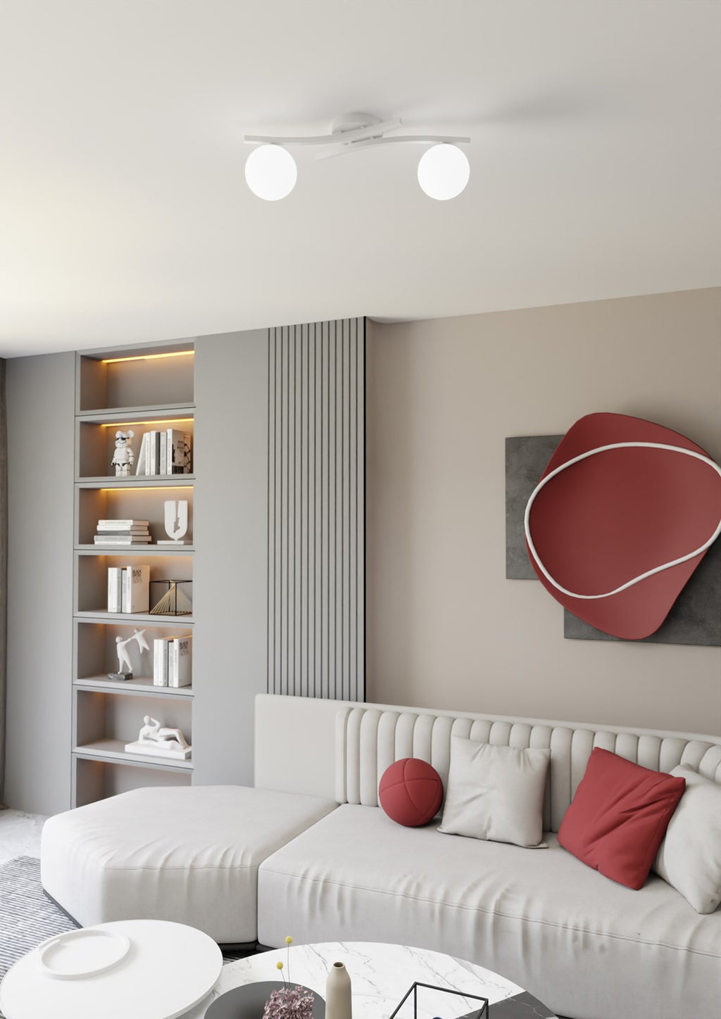 Plafondlamp gepoedercoat staal Opus modern wit, 2 glazen kappen Ø 15 cm, 2 fittingen E14, woonkamer