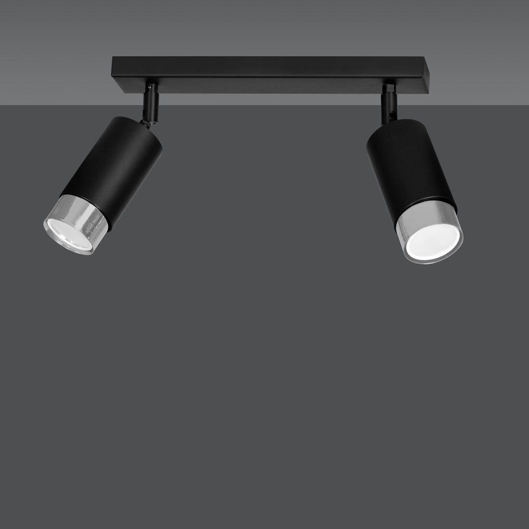 Plafondlamp gepoedercoat staal Hiro 2 spots, modern, zwart met zilver, 30 x 19 cm, voor hal en keuken