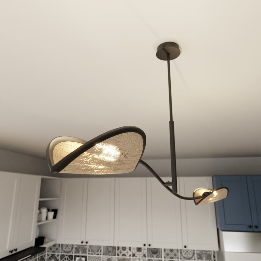 Plafondlamp Lotus gepoedercoat staal en rotan, boho, zwart met naturel kappen, 103 x 60 cm, 2 lichtpunten