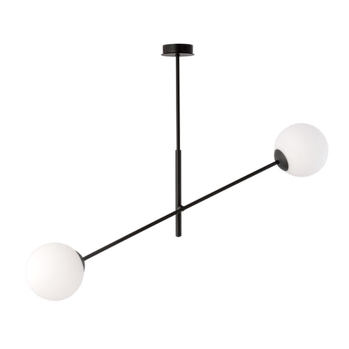Hanglamp gepoedercoat staal en glas, modern Lineair, zwart met witte glazen kappen, 102 x 51 cm, 2 lichtpunten