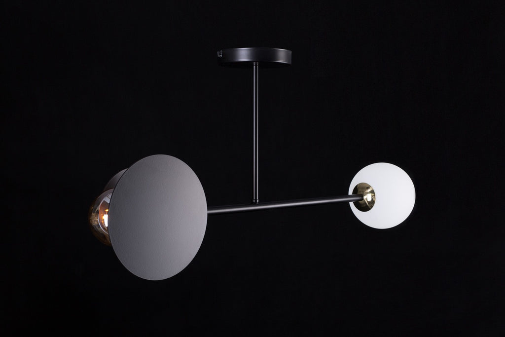 Plafondlamp Minerva gepoedercoat staal en glas, modern, zwart met wit glazen scherm, 2 lichtpunten, 80 x 40 cm