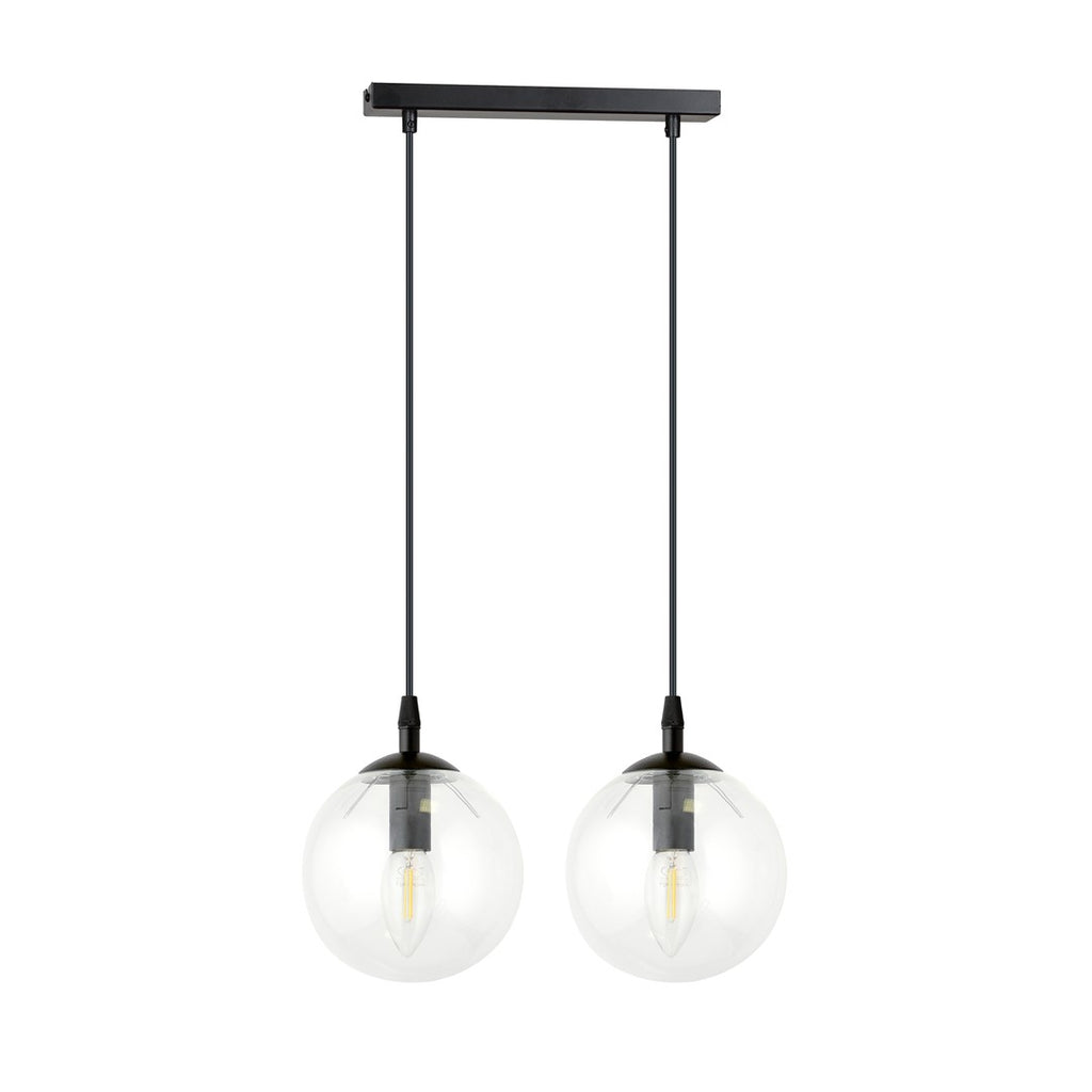 Hanglamp 2-lichts gepoedercoat staal en glas, Cosmo, zwart met transparante kappen, 40 x 100 cm, eettafel