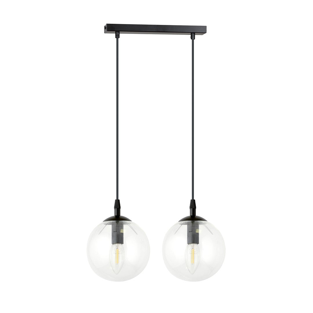 Hanglamp 2-lichts gepoedercoat staal en glas, Cosmo, zwart met transparante kappen, 40 x 100 cm, eettafel