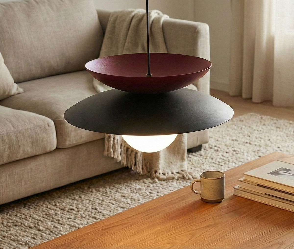 Hanglamp gepoedercoat staal en glas Nagoya, zwart en bordeaux met witte kap, Ø 41 cm, G9 led