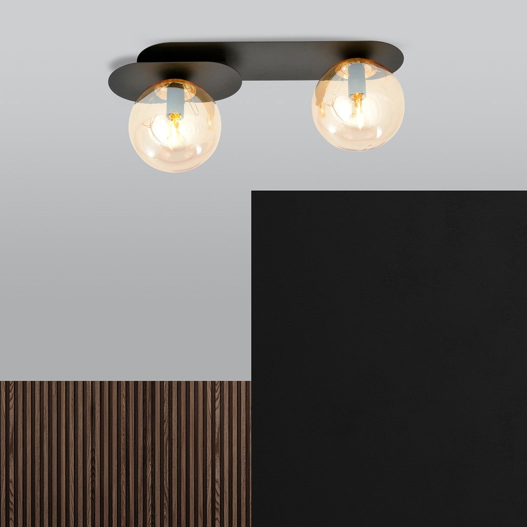 Plafondlamp Plaza gepoedercoat staal en glas, modern, zwart met amber glas, 2 lichtpunten, 45 x 18 cm