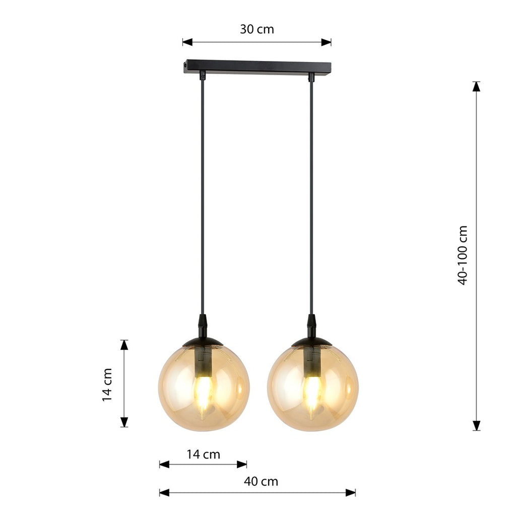 Hanglamp 2 lichts gepoedercoat staal en glas, Cosmo, zwart met amberkleurige kappen Ø 14 cm, eetkamer