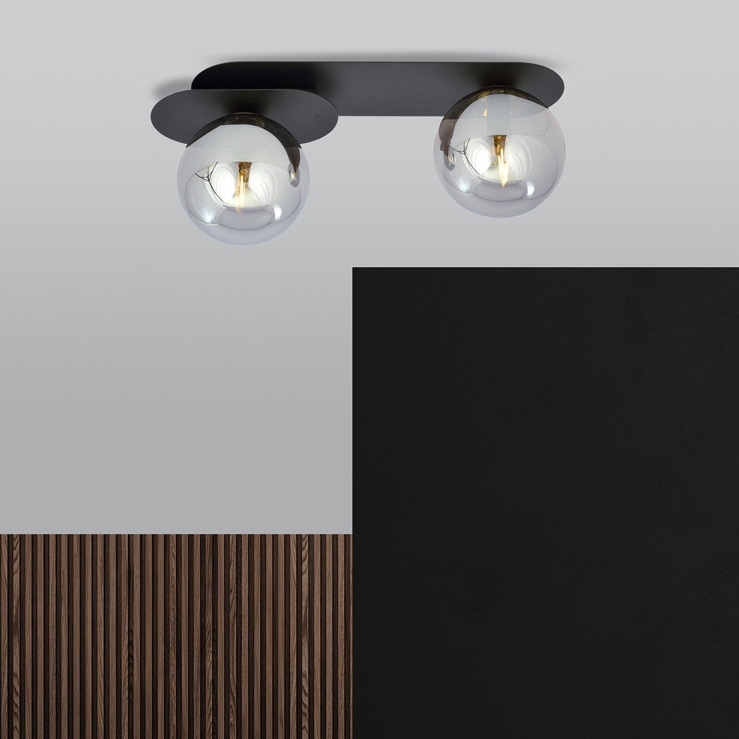 Plafondlamp gepoedercoat staal en glas Plaza 2 lichts, modern, zwart met grafiet glazen kappen, 45 cm