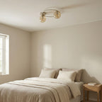 Plafondlamp gepoedercoat staal en glas Sopra, beige met amberkleurige kappen, 2 lichts, 47 x 47 cm