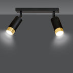 Plafondlamp gepoedercoat staal modern Hiro zwart met goud, 2 richtbare spots, 30 cm breed
