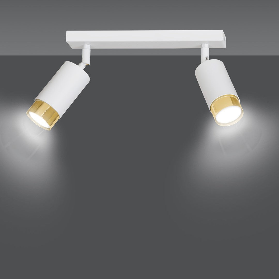 Plafondlamp gepoedercoat staal Hiro modern wit en goud, 2 spots met GU10-fitting, 30 cm breed