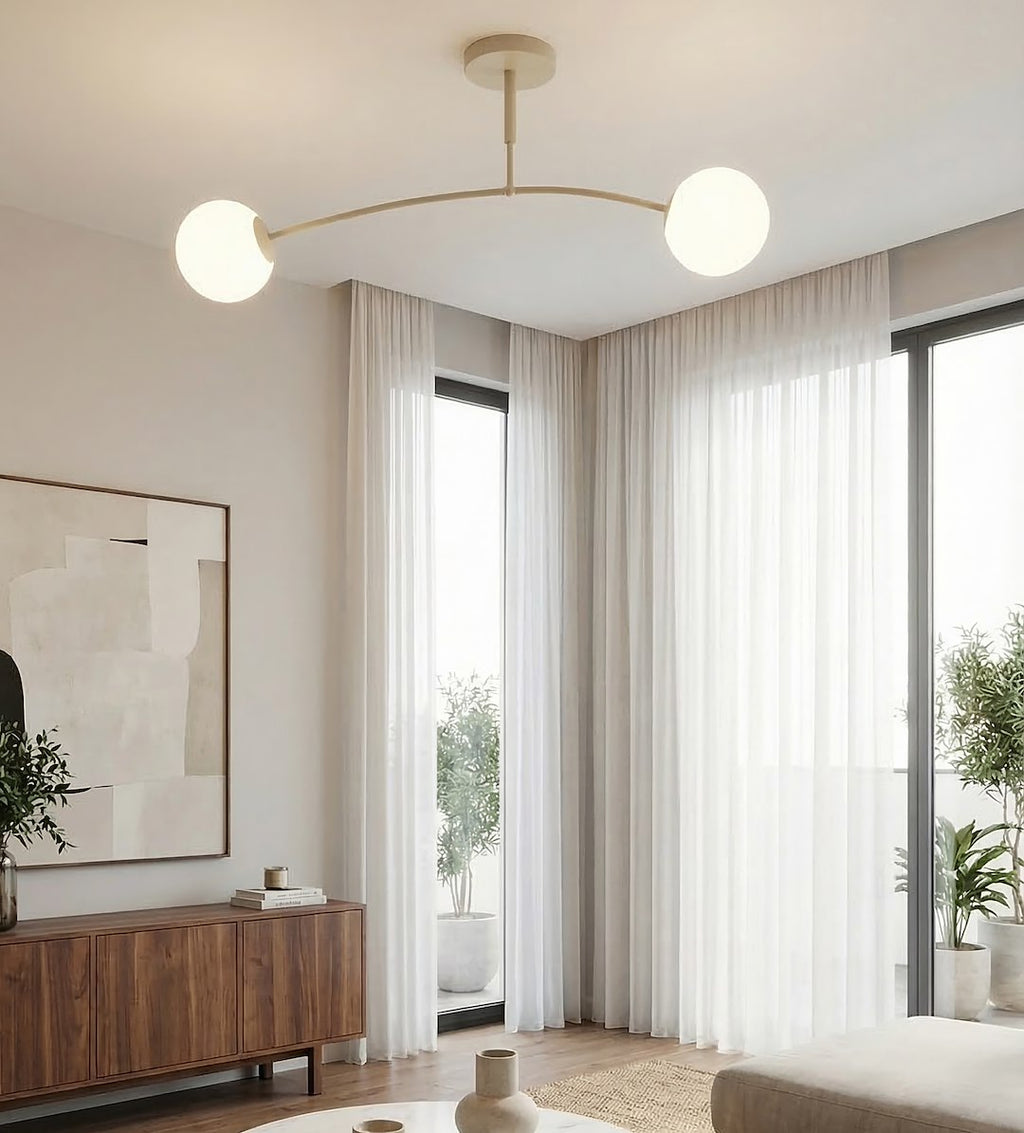 Plafondlamp gepoedercoat staal Spijkers modern, beige met witte glazen kappen, 2 fittingen, 60 cm breed