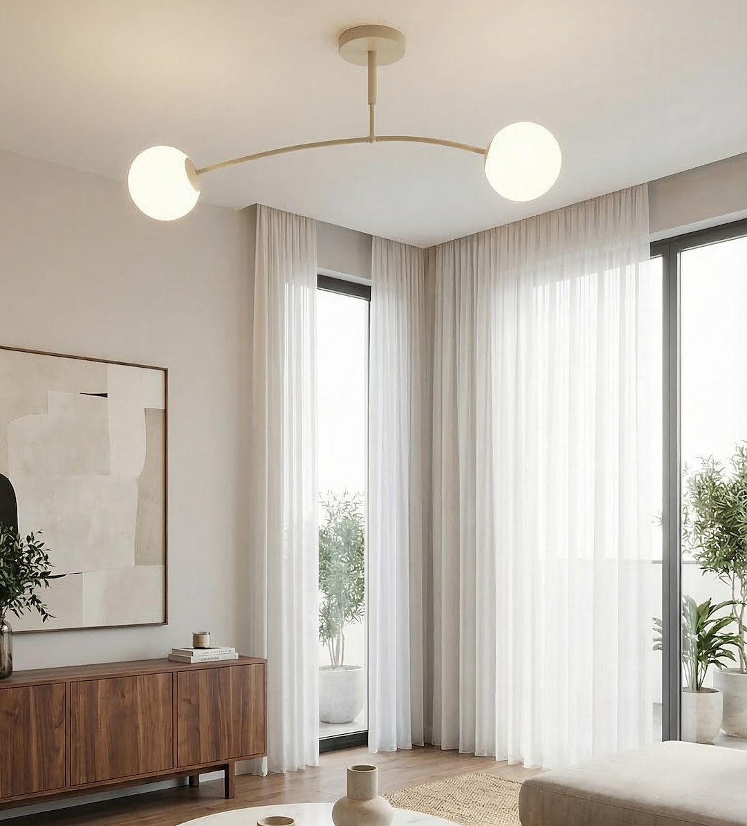 Plafondlamp gepoedercoat staal Spijkers modern, beige met witte glazen kappen, 2 fittingen, 60 cm breed