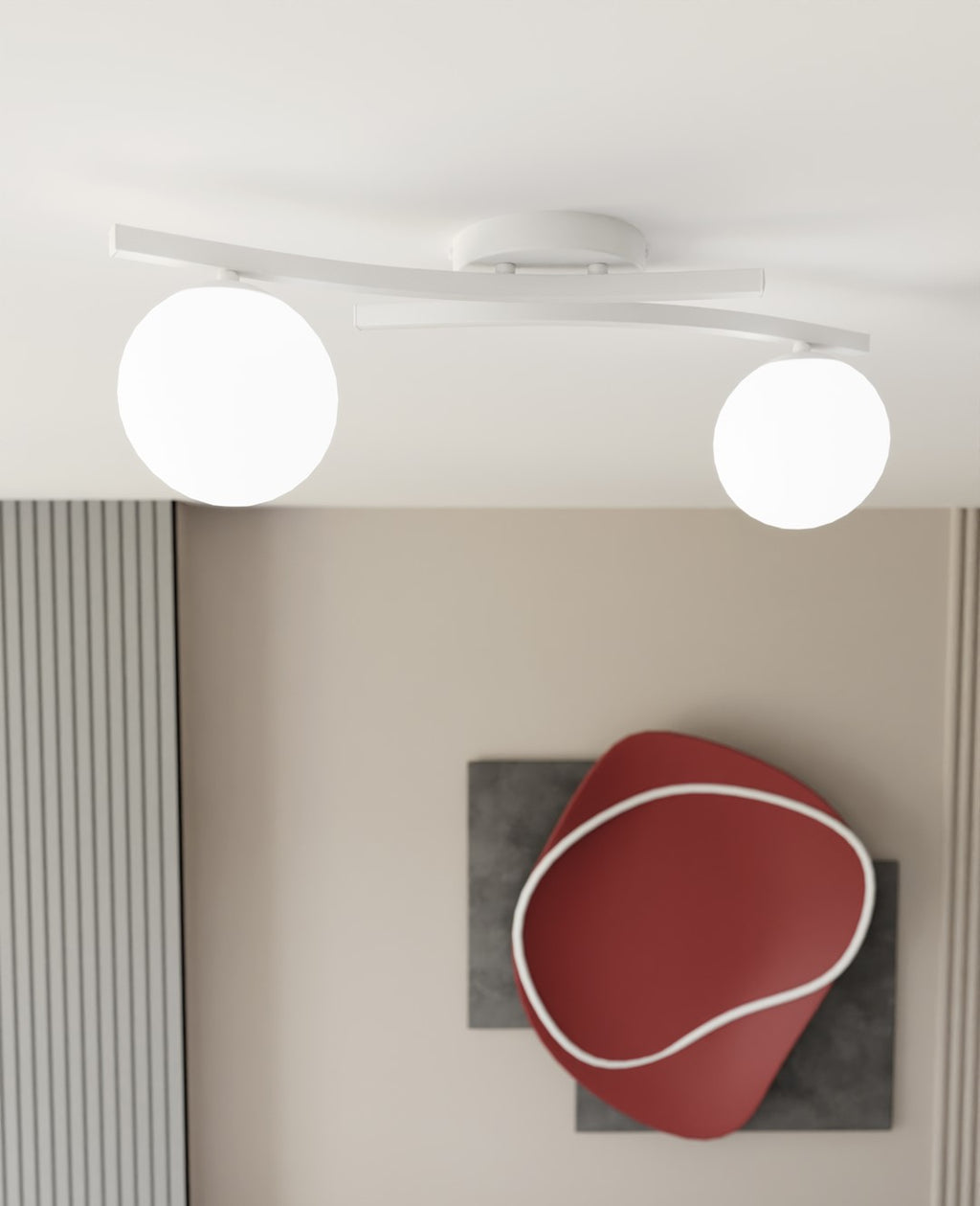 Plafondlamp gepoedercoat staal Opus modern wit, 2 glazen kappen Ø 15 cm, 2 fittingen E14, woonkamer
