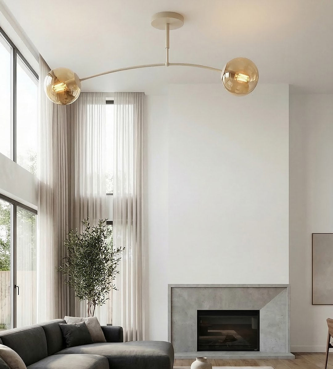 Plafondlamp gepoedercoat staal modern Pregos beige met amber glas, 60 cm, 2 lichtpunten voor woonkamer