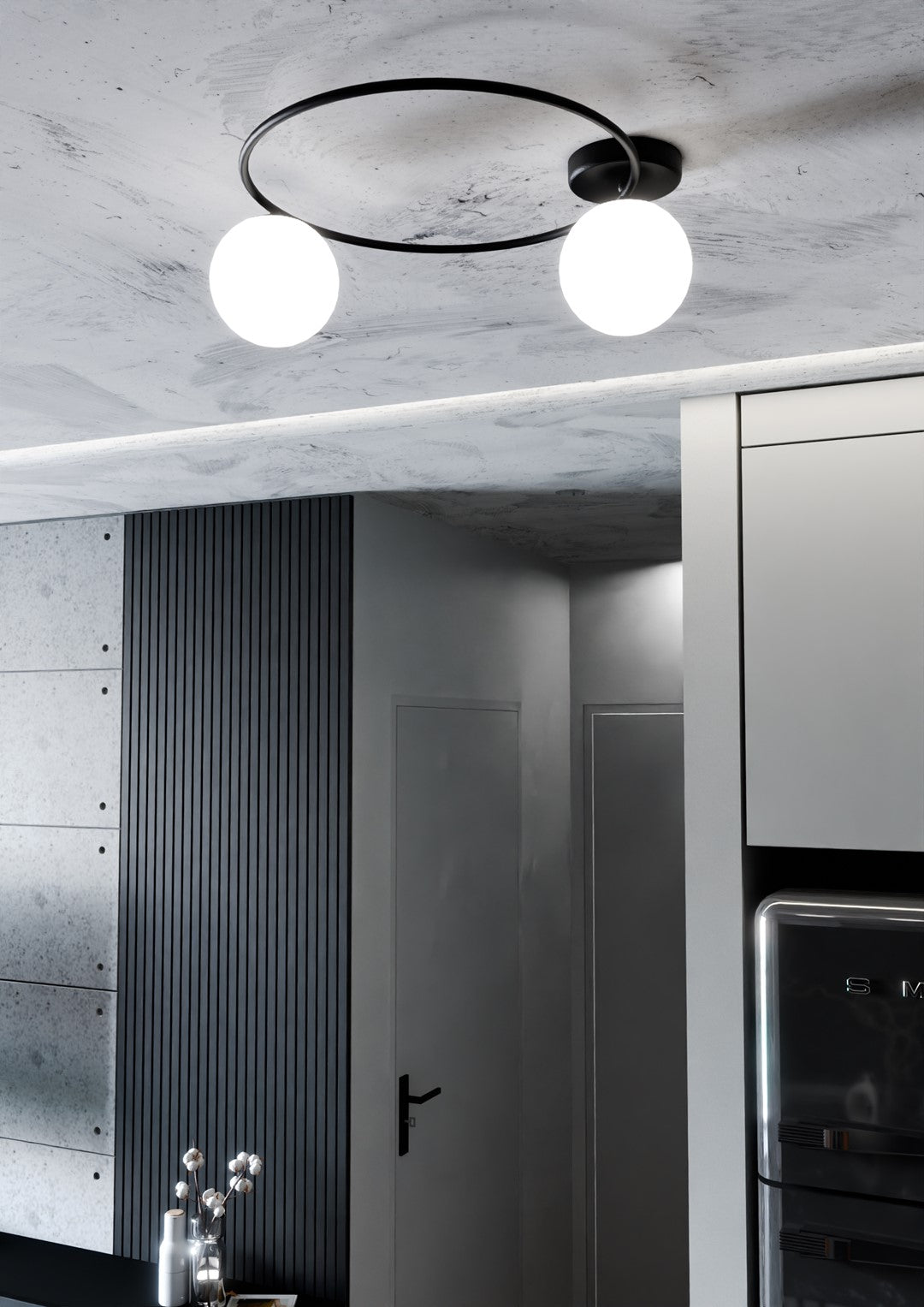 Plafondlamp Sopra 2 gepoedercoat staal en glas, minimalistisch, zwart met witte glazen kappen, 47 x 20 cm
