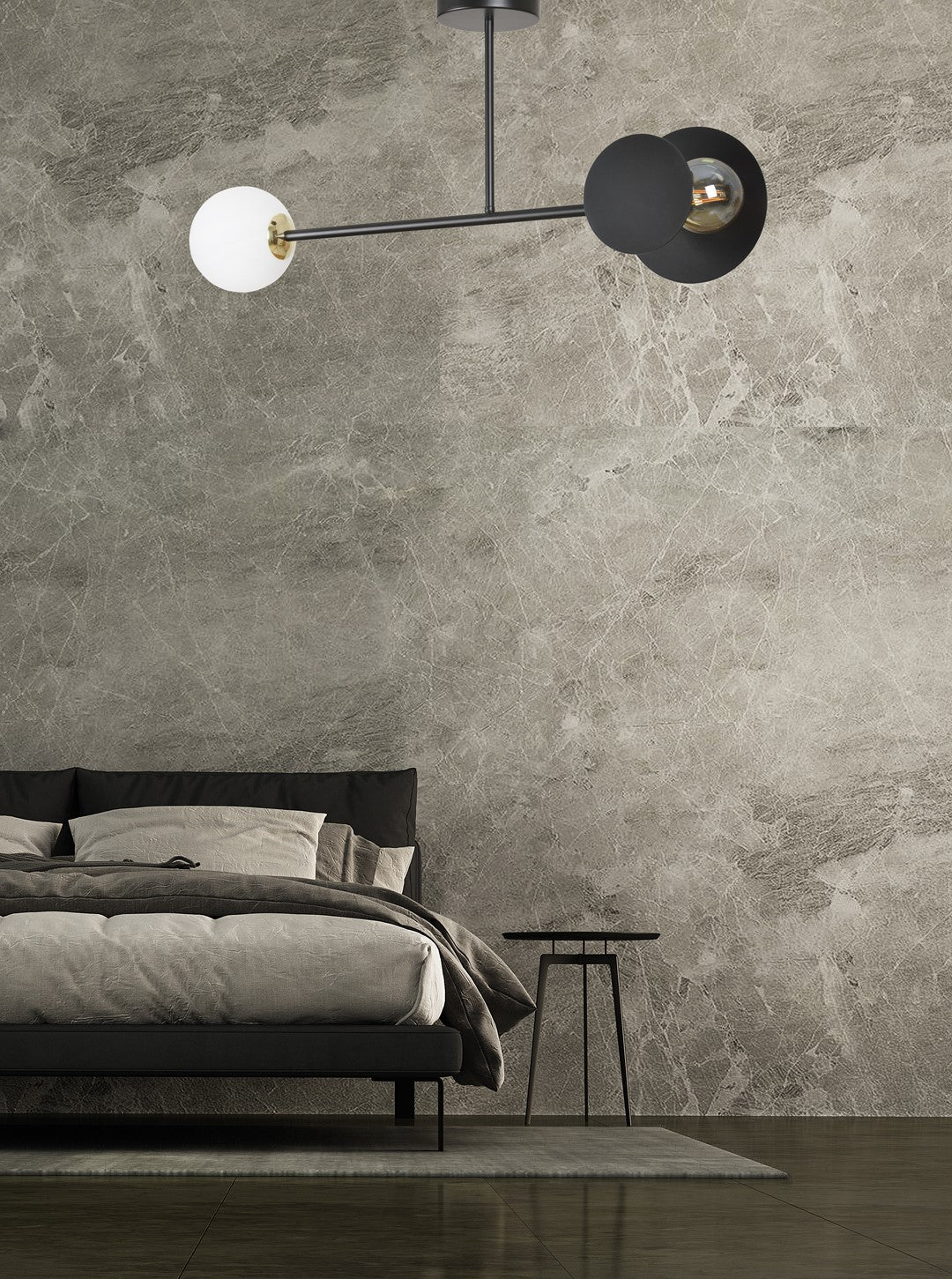 Plafondlamp Minerva gepoedercoat staal en glas, modern, zwart met wit glazen scherm, 2 lichtpunten, 80 x 40 cm