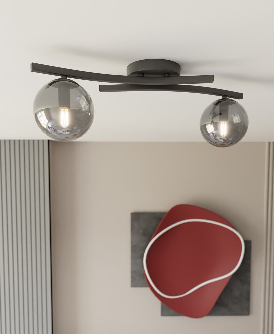 Plafondlamp gepoedercoat staal en glas Opus modern, zwart met grafiet kappen, 2 lichts, E14