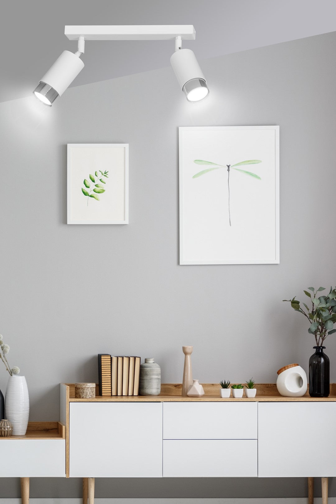 Plafondlamp gepoedercoat staal Hiro 2 spots, wit met zilver, 30 x 19 cm, voor hal en keuken