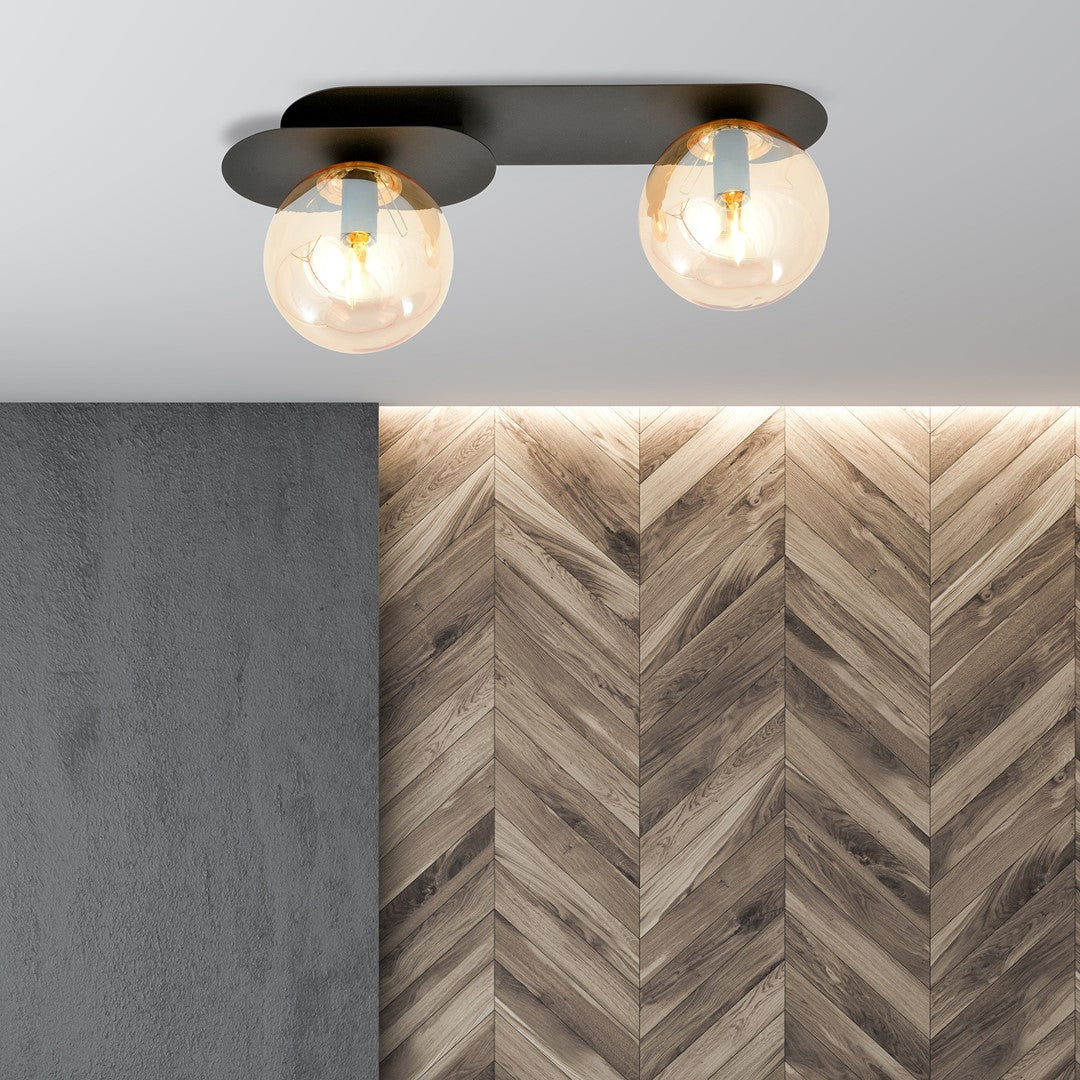 Plafondlamp Plaza gepoedercoat staal en glas, modern, zwart met amber glas, 2 lichtpunten, 45 x 18 cm