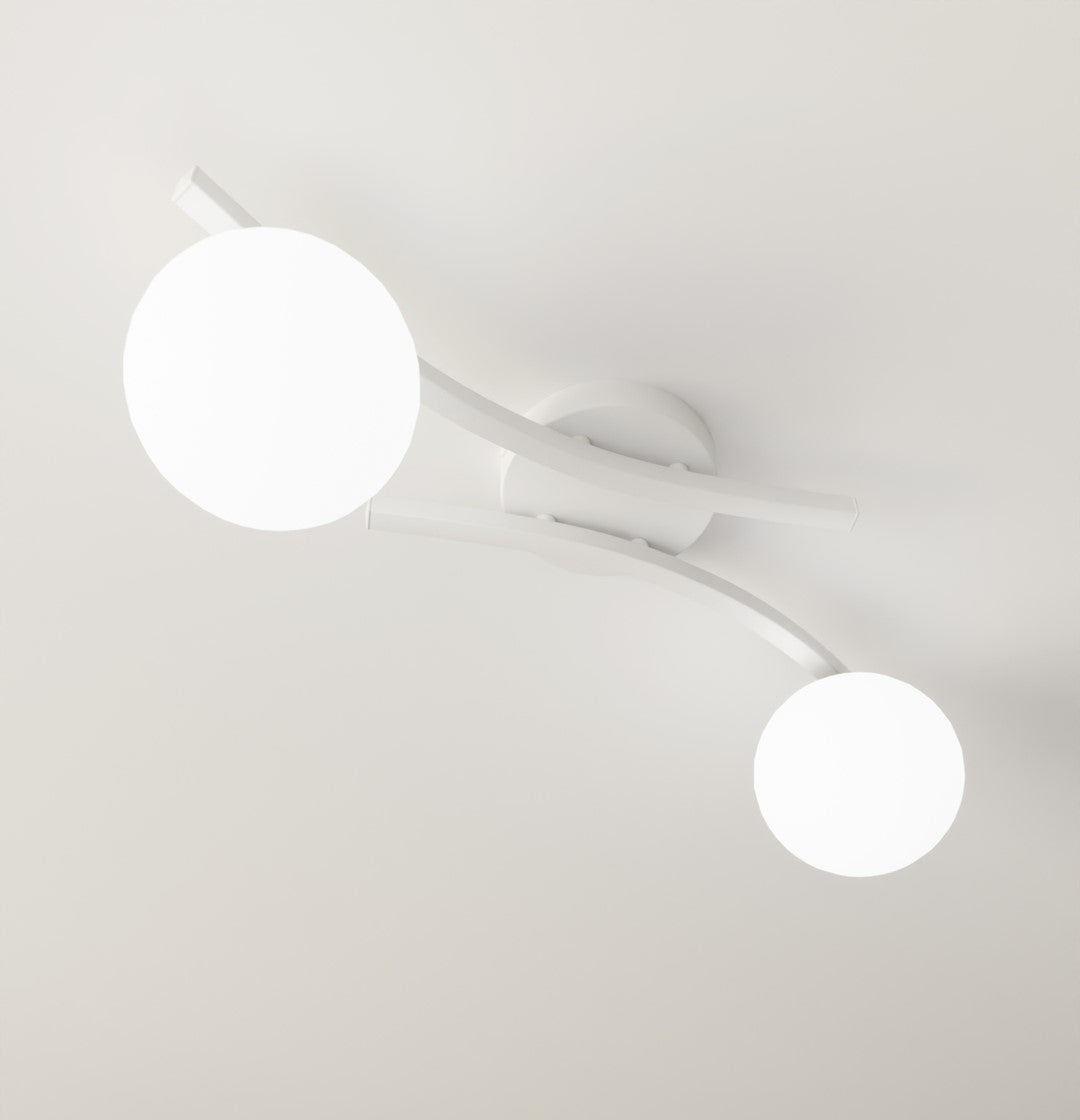 Plafondlamp gepoedercoat staal Opus modern wit, 2 glazen kappen Ø 15 cm, 2 fittingen E14, woonkamer