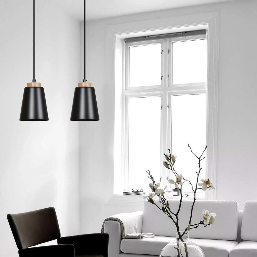 Hanglamp gepoedercoat staal en hout Bolero, zwart, 2 lichts, Scandinavisch, 40 x 100 cm, woonkamer