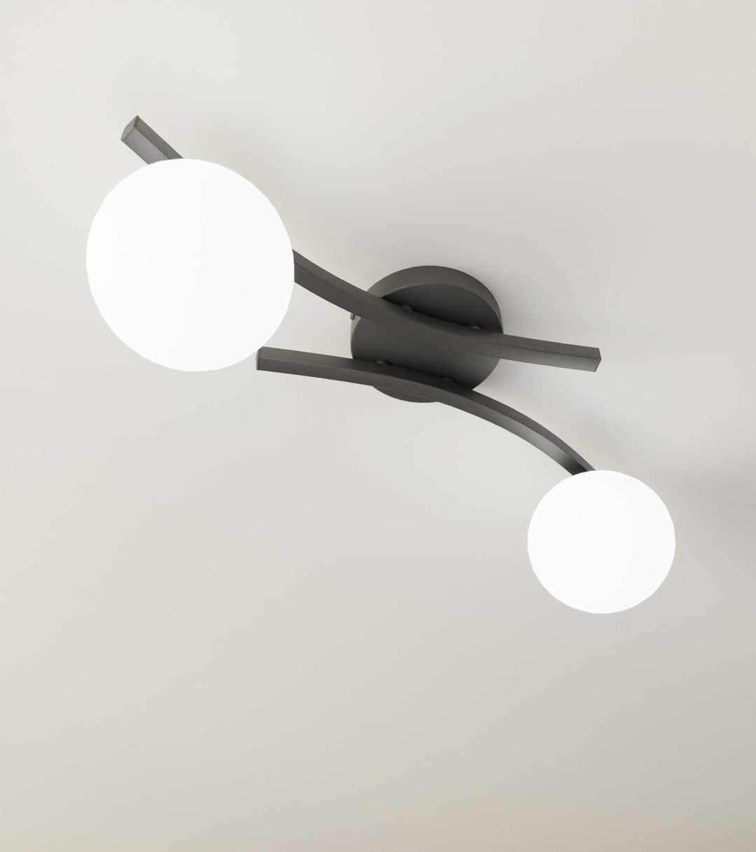 Plafondlamp gepoedercoat staal en glas Opus zwart met witte glazen kappen, 2 lichts E14 – woonkamer, eetkamer, slaapkamer