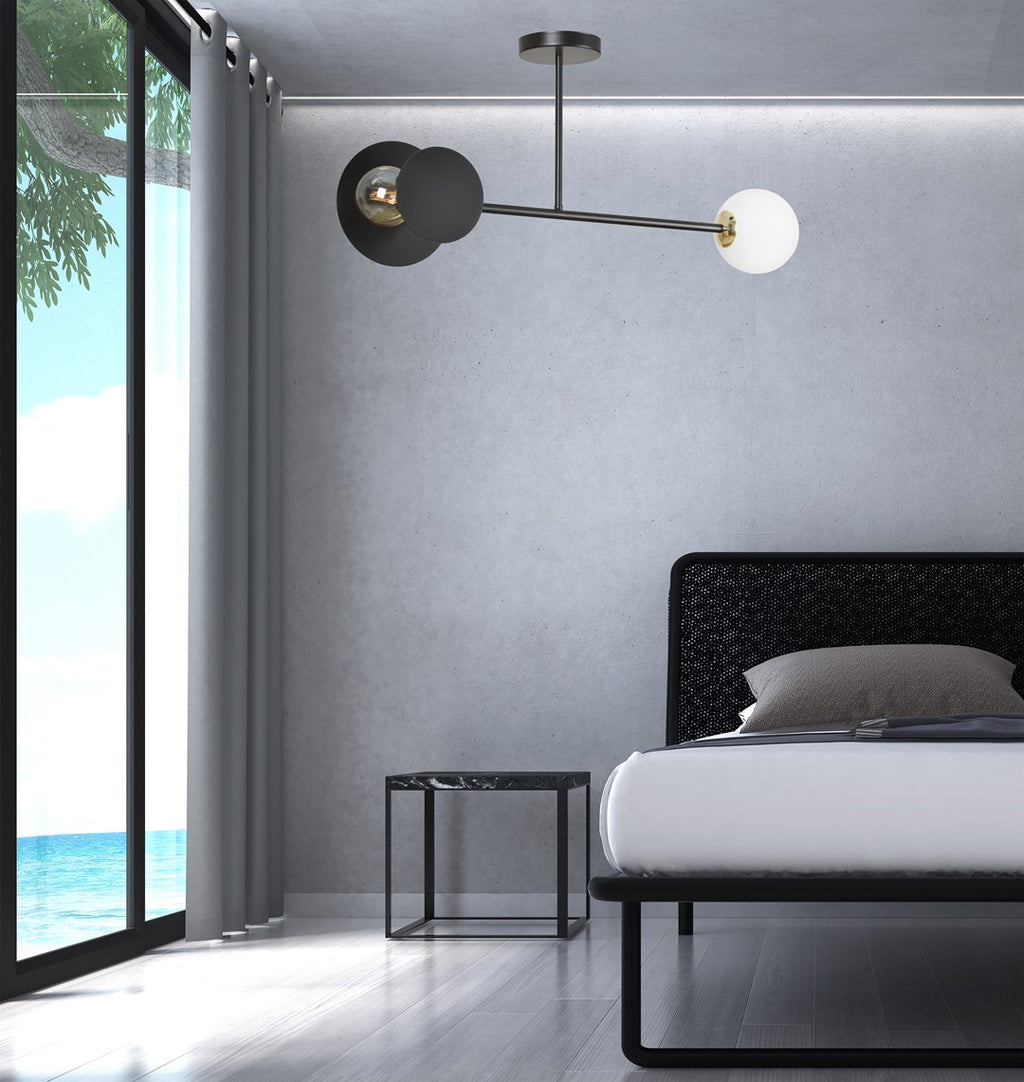 Plafondlamp Minerva gepoedercoat staal en glas, modern, zwart met wit glazen scherm, 2 lichtpunten, 80 x 40 cm