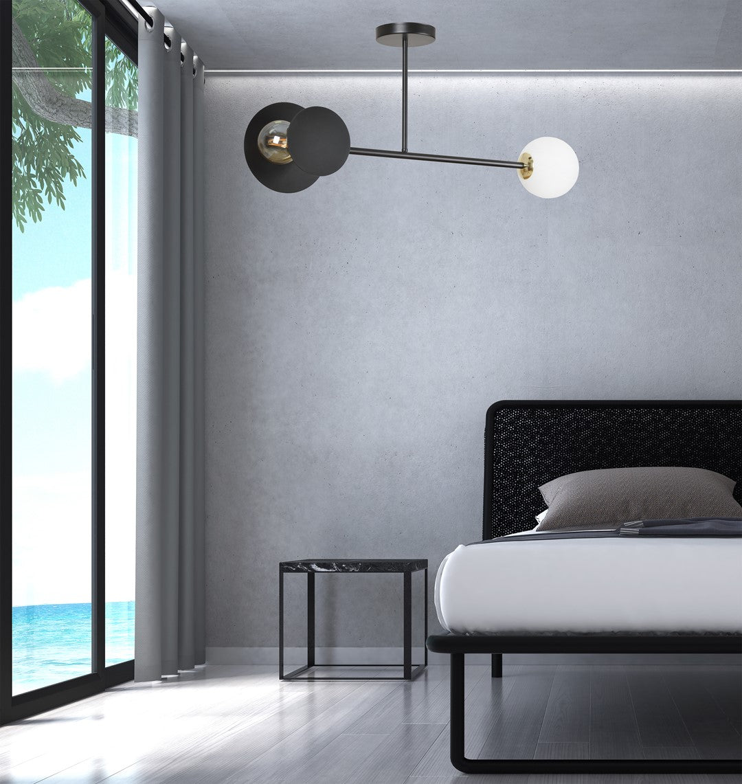 Plafondlamp Minerva gepoedercoat staal en glas, modern, zwart met wit glazen scherm, 2 lichtpunten, 80 x 40 cm