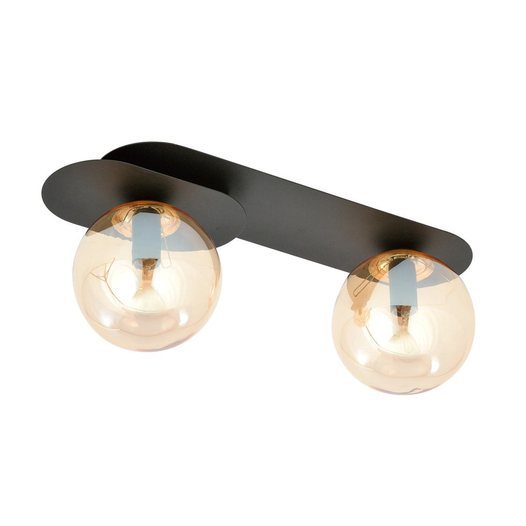 Plafondlamp Plaza gepoedercoat staal en glas, modern, zwart met amber glas, 2 lichtpunten, 45 x 18 cm