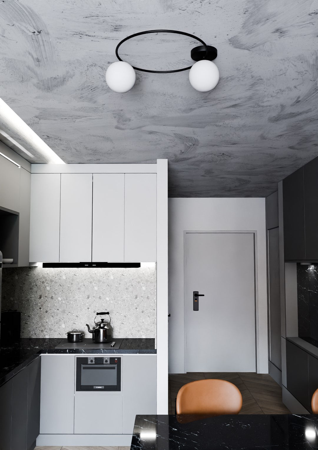Plafondlamp Sopra 2 gepoedercoat staal en glas, minimalistisch, zwart met witte glazen kappen, 47 x 20 cm