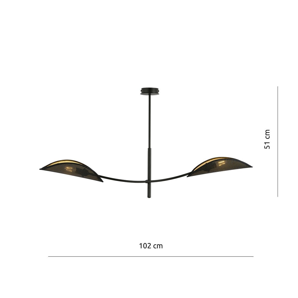 Plafondlamp Lotus gepoedercoat staal, modern, zwart met goud, 2 lichtpunten, 103 x 60 cm, woonkamer en slaapkamer